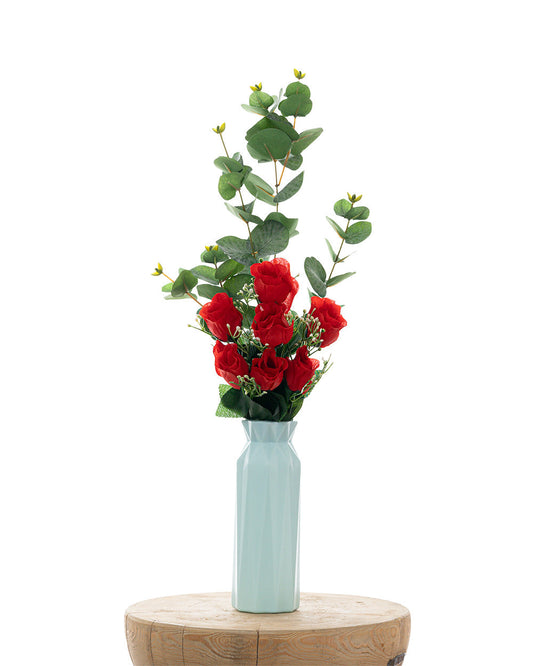 Crimson Roses with Green Eucalyptus