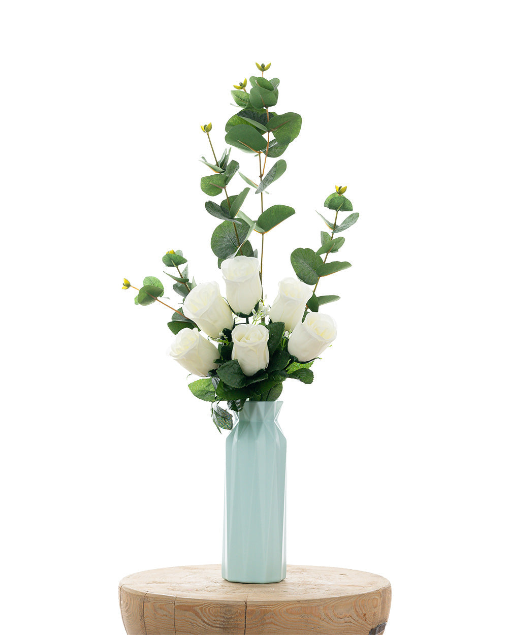 Snowy Roses with Green Eucalyptus